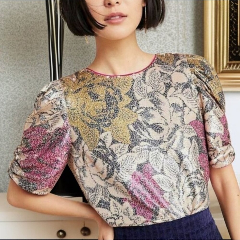 Anthropologie Marie Floral Sequin Puff Sleeve Blouse